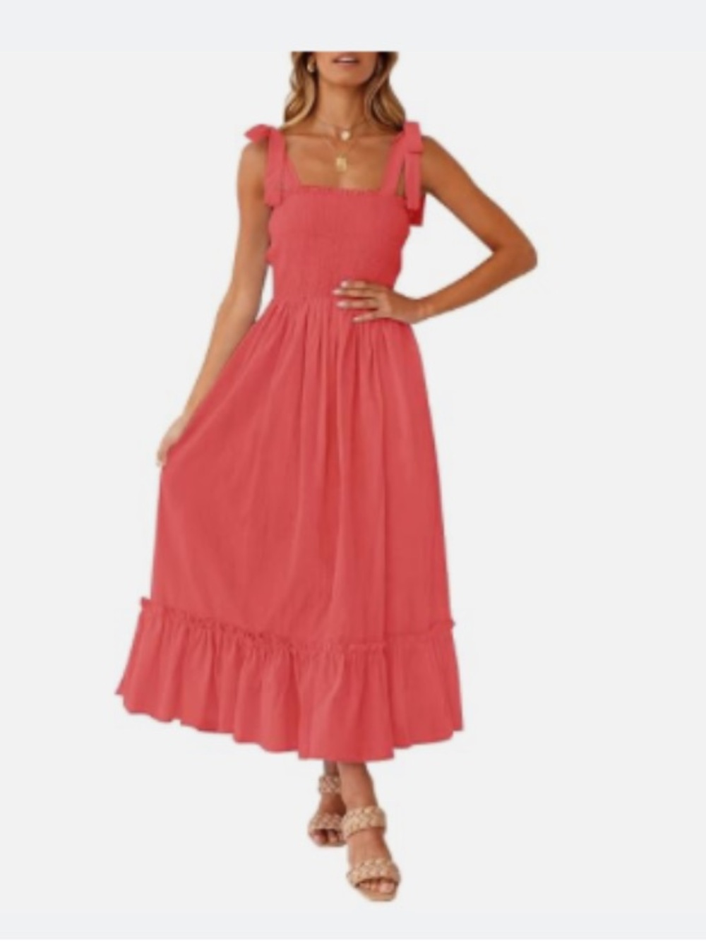 Coral Sundress with Smocked Bodice and Tie Straps
